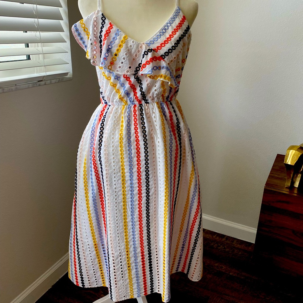Gorgeous Shoshanna rainbow stripe eyelet ruffle dress! With matching headband!